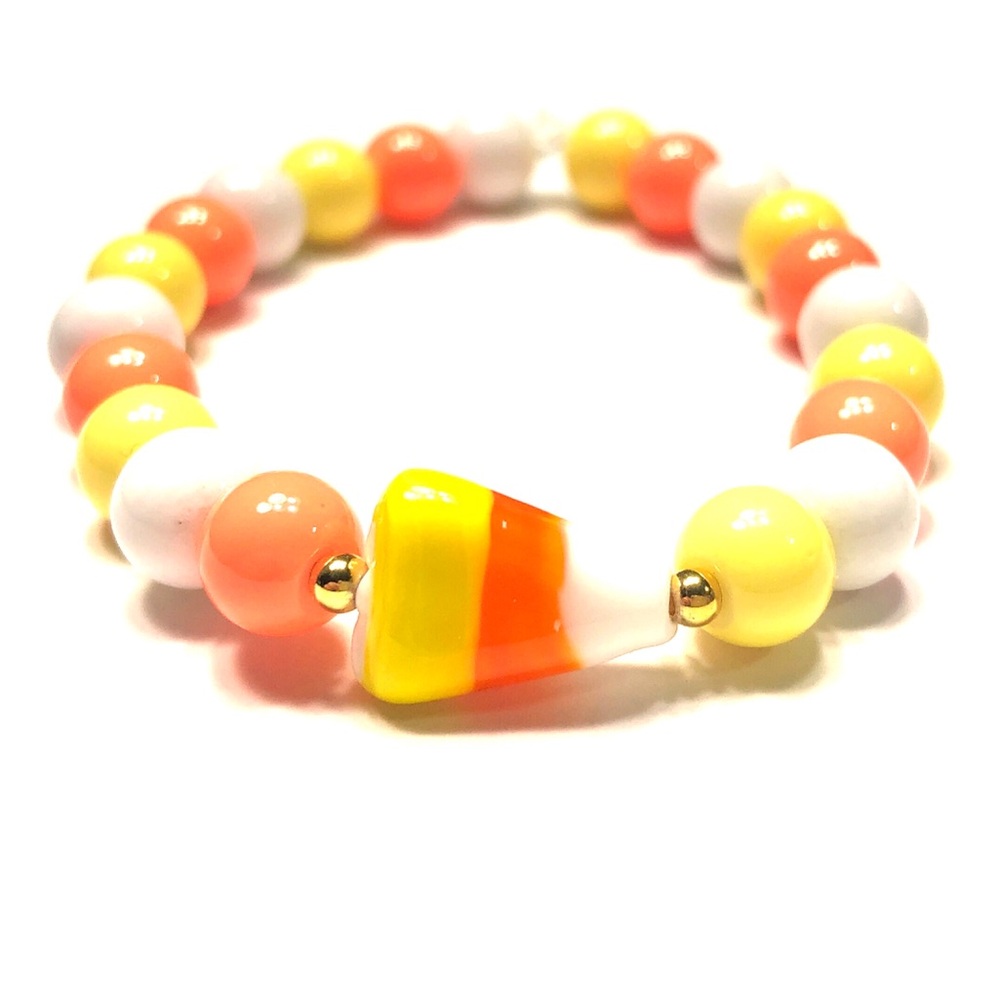 Handmade Orange Yellow & White Candy Corn Stretch Bracelet Women Fall Halloween